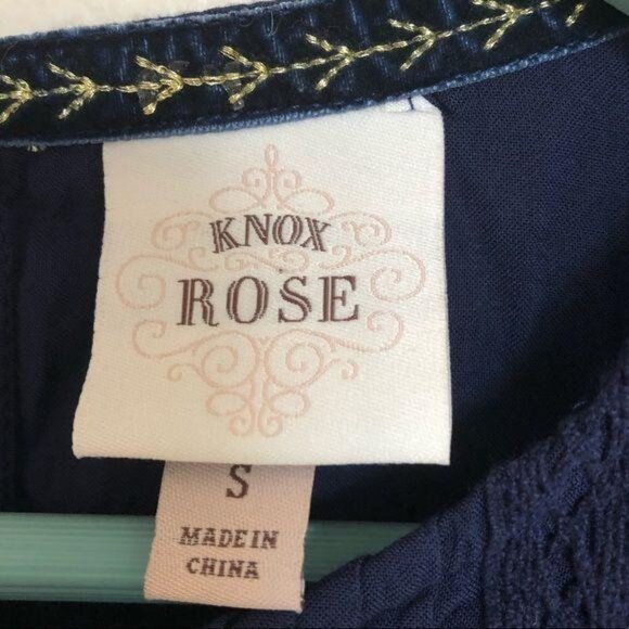 Knox Rose Navy Blue Embroidered Long Sleeve Blouse Size S boho fall winter - Picture 4 of 7